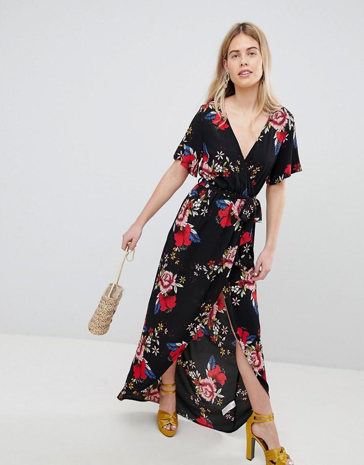 New Look Printed Wrap Short Sleeve Midi Dress - Black