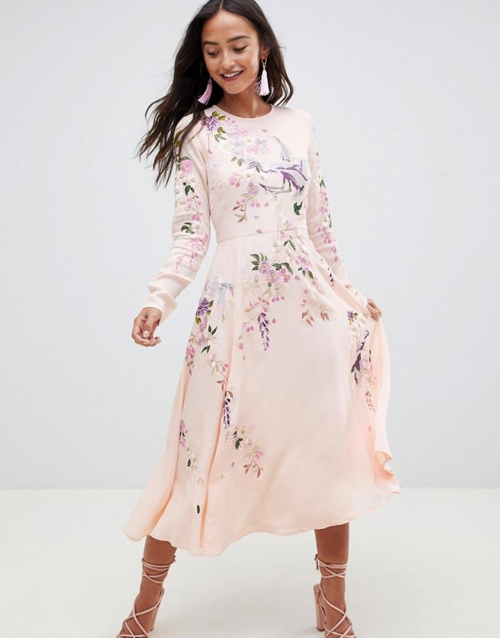 Asos Design Midi Dress With Pretty Floral And Bird Embroidery - Multi