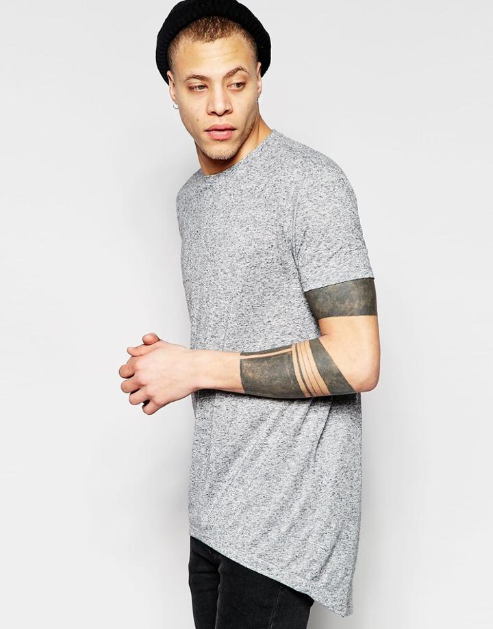 Asos Super Longline T-shirt With Scoop Back Hem In Linen Mix Fabric - Gray