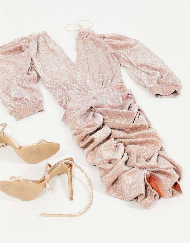 Ax Paris Ruched Sleeve Plunge Mini Dress In Rose Gold Glitter