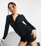 Topshop Petite Ruched Front Jersey Midi Dress With Collar In Black