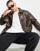 Bershka Full Zip Faux Leather Jacket In Brown