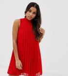 Asos Design Petite High Neck Pleated Broderie Mini Swing Dress - Red