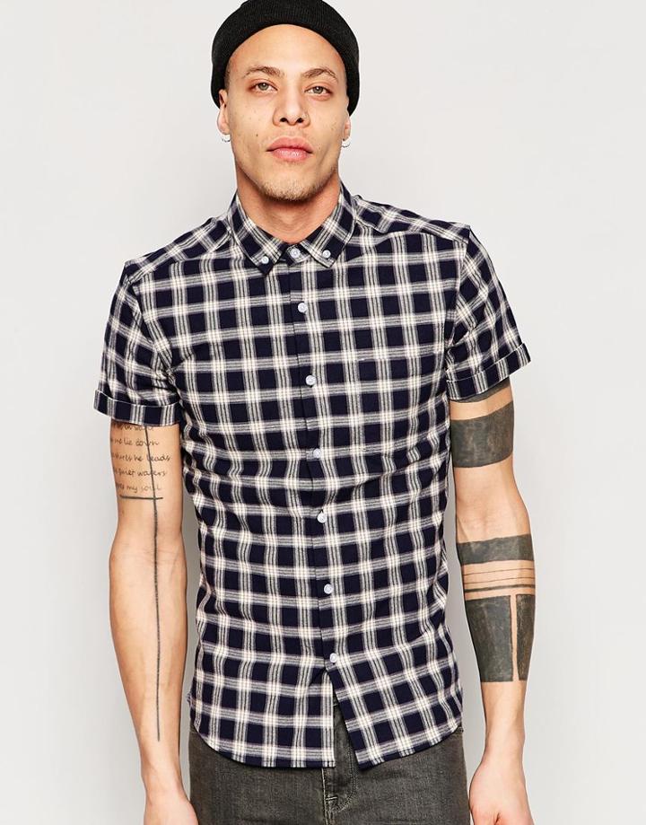 Asos Skinny Shirt In Navy Check With Short Sleeves