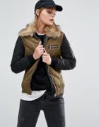 New Look Color Block Bomber Jacket With Faux Fur Collar - Green