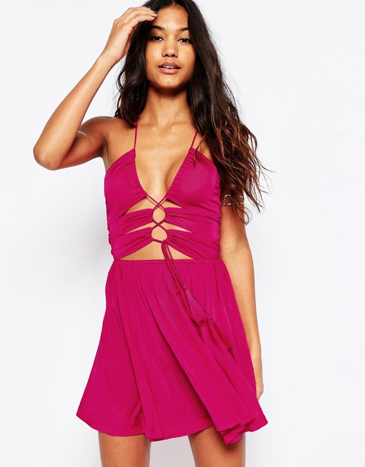 Asos Slinky Jersey Lace Up Front Skater Beach Dress - Pink
