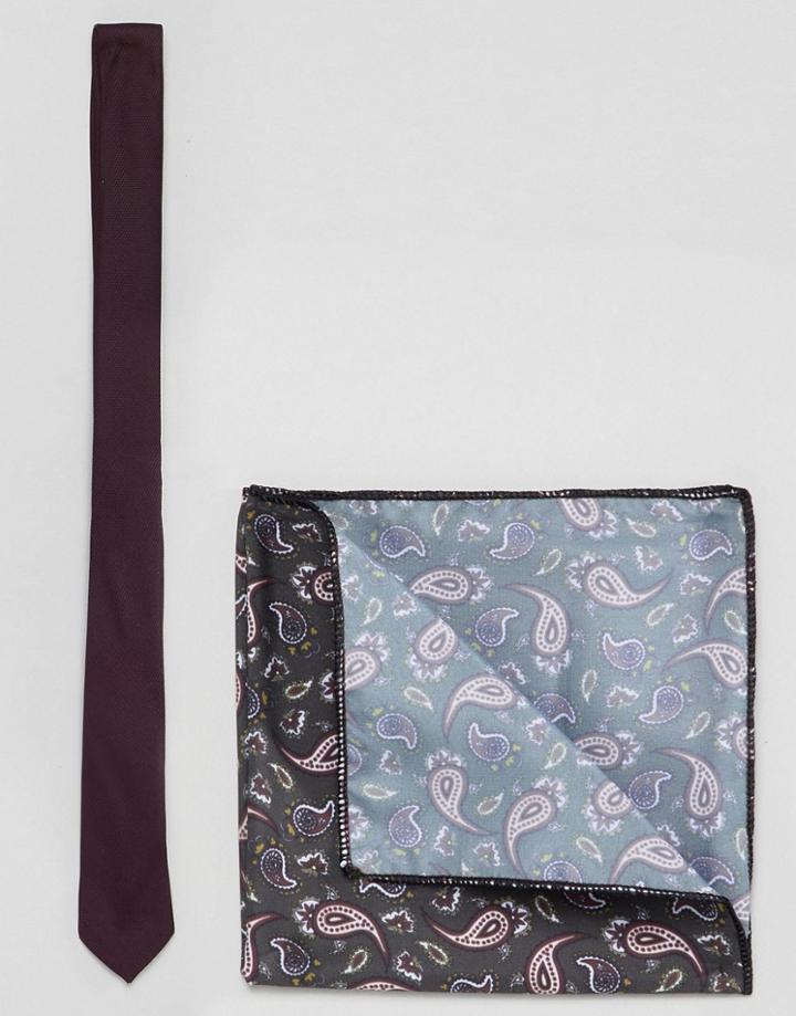 Asos Design Burgundy Tie And Paisley Pocket Square Pack - Red