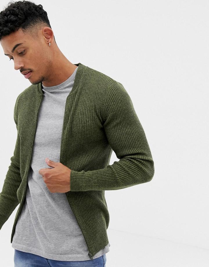 Asos Design Ribbed Bomber In Khaki-green