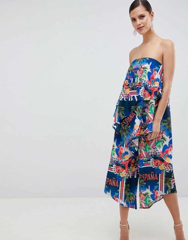 Asos Design Bandeau Jumpsuit In Tropical Vacation Print - Multi