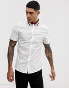 Asos Design Skinny Fit Poplin Shirt With Burgundy Rib Collar - White