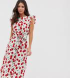 Glamorous Tall Midi Dress With Ruffle Sleeves And Tie Waist In Cherry Print-white