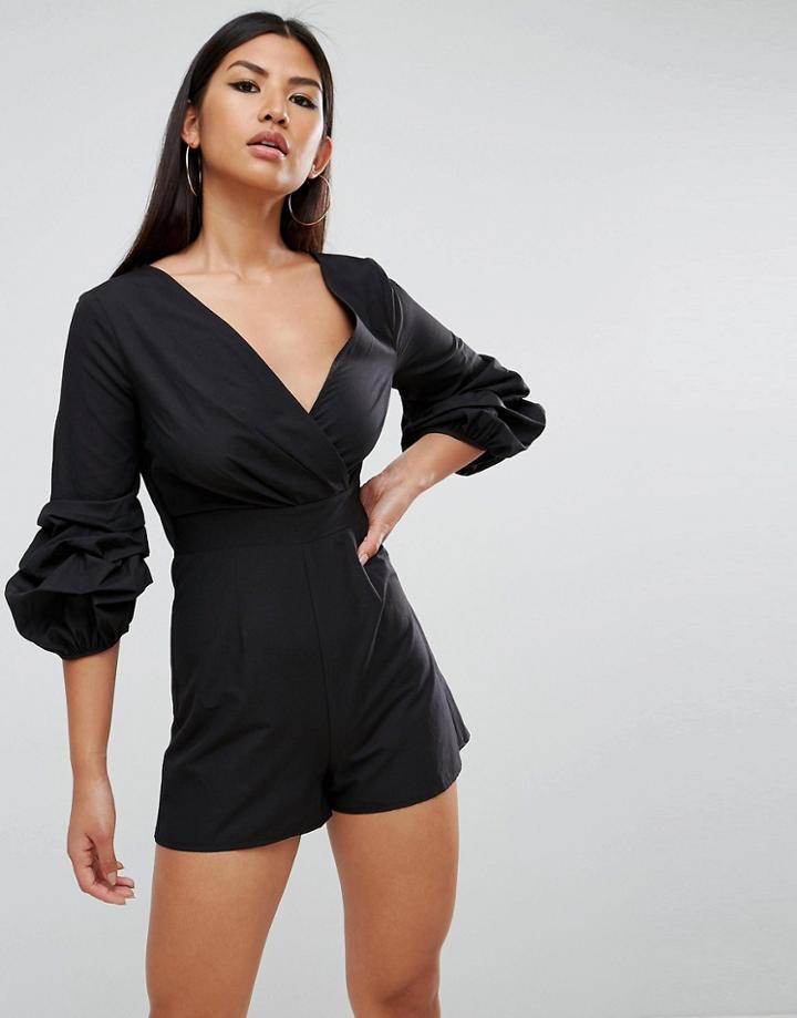 Asos Ruched Sleeve Wrap Front Romper - Black