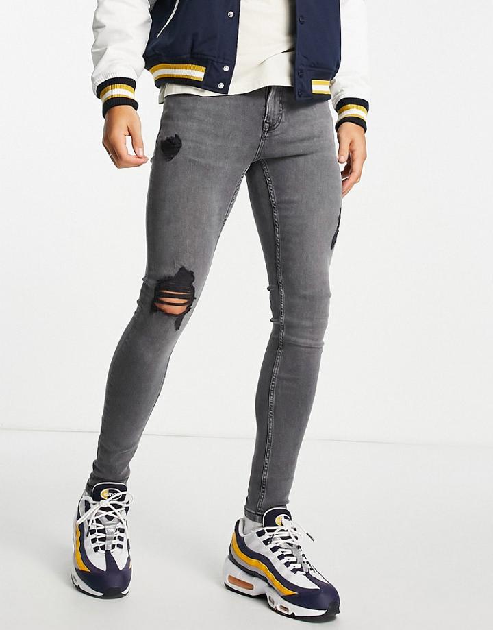 Topman Rip Super Spray On Jeans In Gray-grey