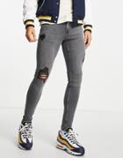 Topman Rip Super Spray On Jeans In Gray-grey