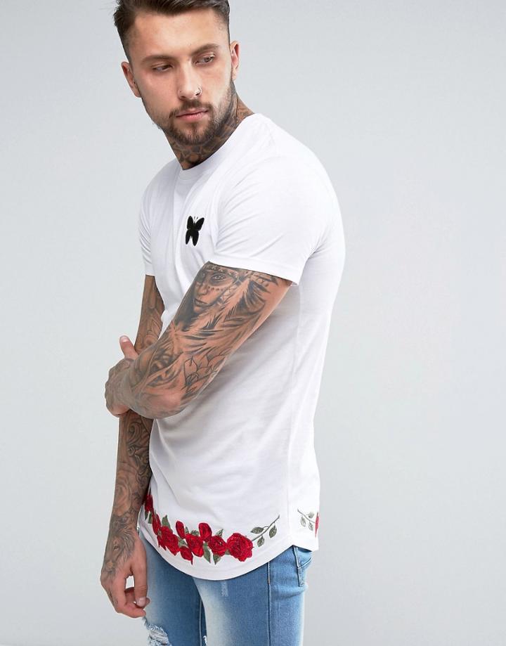 Good For Nothing T-shirt In White With Embroidered Roses Hem - White