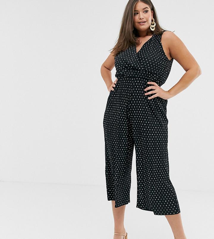 Asos Design Curve Plisse Wrap Polka Dot Jumpsuit-multi