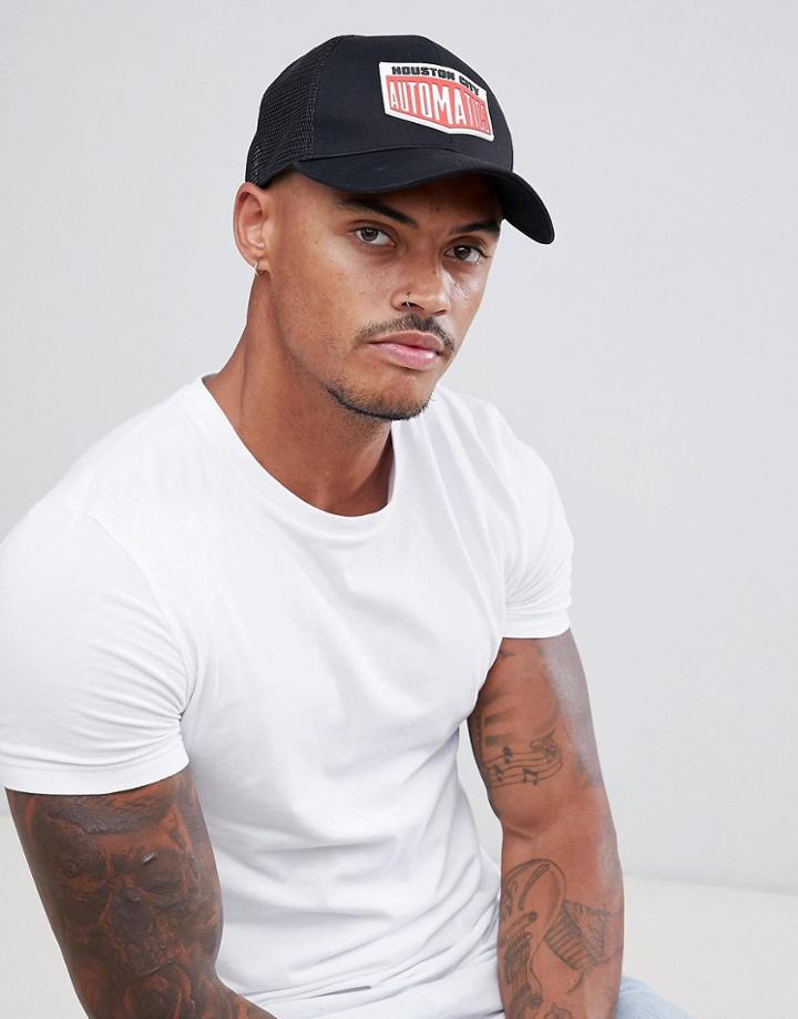 Asos Design Trucker Cap In Black With Badge Detail - Black
