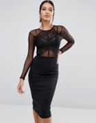 Asos Dobby Scallop Lace Panel Bodycon Midi Dress - Black