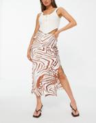 River Island Print Bias Midi Skirt With Split Detail In Beige-neutral