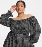 Simply Be Square Neck Shirred Waist Peplum Top In Black Plaid