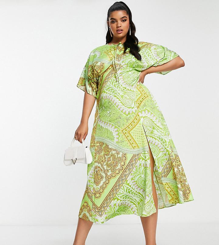 Asos Design Curve Paneled Satin Midi Dress With Keyhole In Green Scarf Print-multi