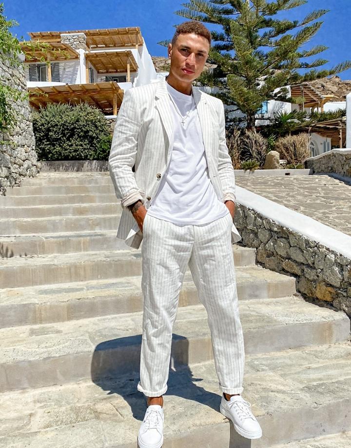 Asos Design Wedding Slim Suit Pants In White Pin Stripe