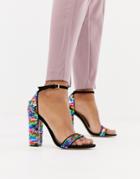 Miss Selfridge Block Heel Sandal In Rainbow Sequin - Black