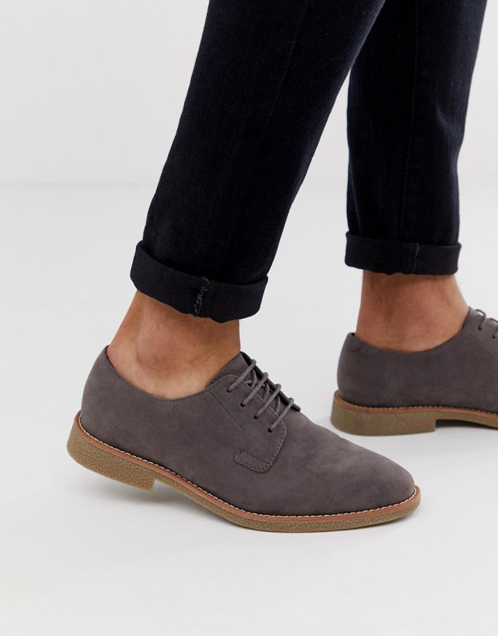 Asos Design Lace Up Shoes In Gray Faux Suede With Faux Crepe Sole - Gray