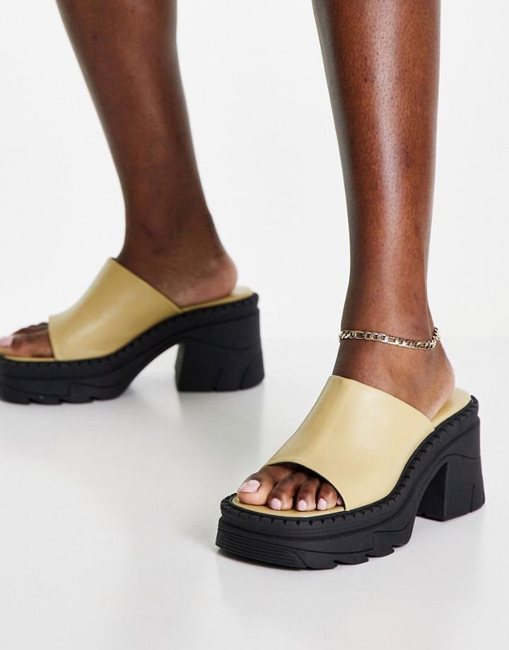 Topshop Wade Premium Leather Chunky Heeled Mule Sandal In Pale Yellow