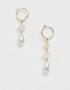 Asos Design Hoop Earrings With Pastel Pearl Drops In Gold Tone - Gold
