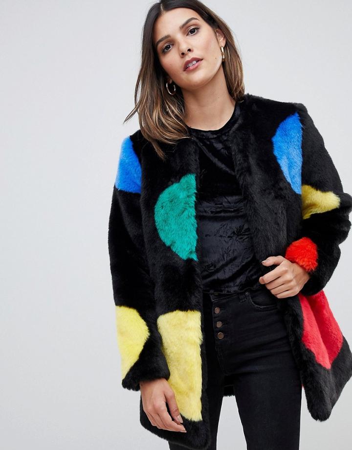 Urbancode Faux Fur Coat In Bright Polka Dots - Multi