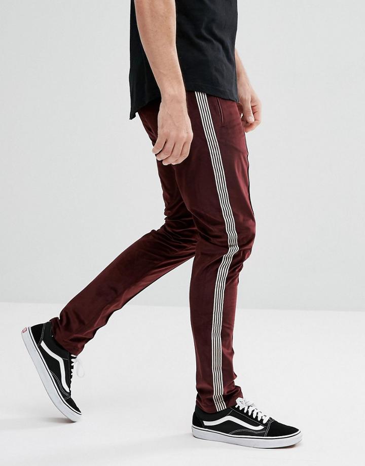Asos Skinny Burgundy Velour Pants With Side Stripe - Red