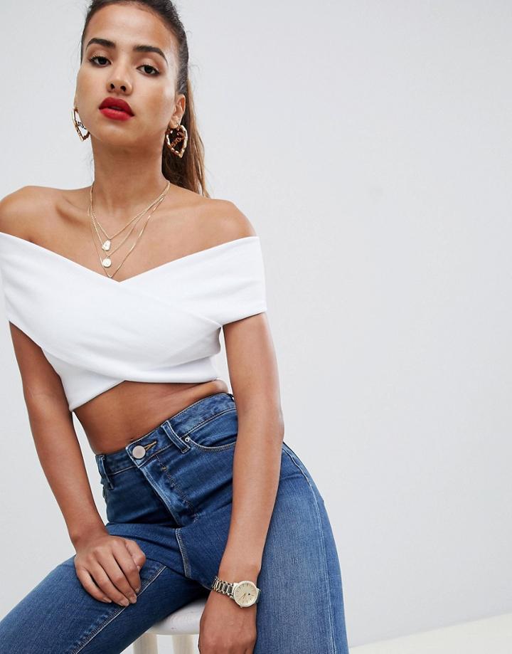 Asos Design Cross Over Bardot Crop Top - White