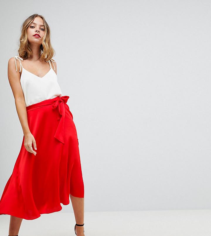 Asos Design Petite Satin Midi Skirt With Self Belt-pink