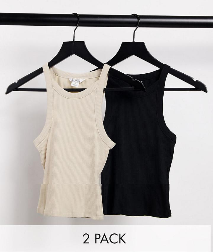 Monki Edda Cotton 2 Pack Tank Top In Beige And Black - Multi