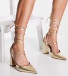 Asos Design Wide Fit Panda Tie Leg Block Heeled Shoes In Gold