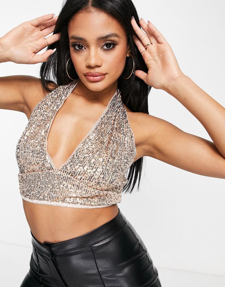 Tfnc Plunge Sequin Crop Top In Gold