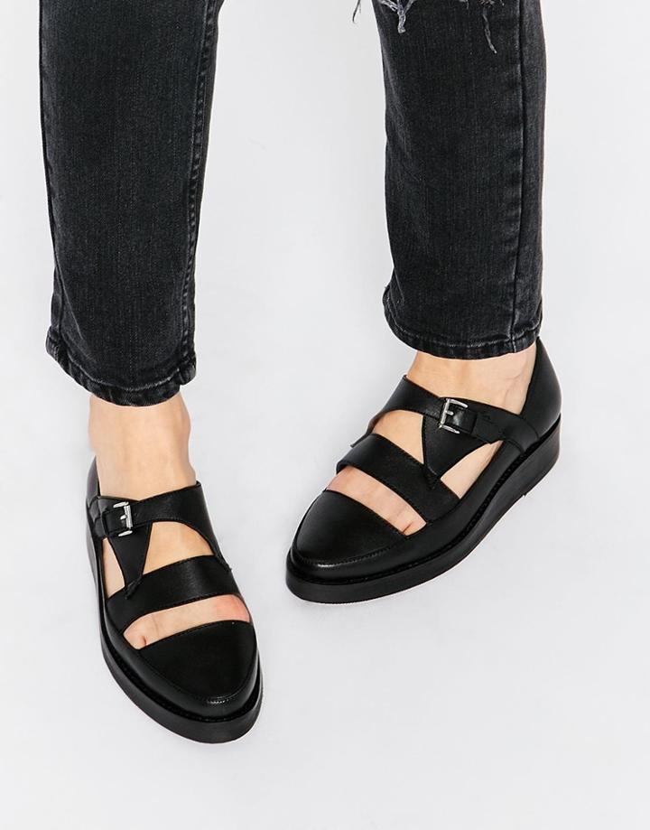 Park Lane T Bar Chunky Leather Flat Shoes - Black