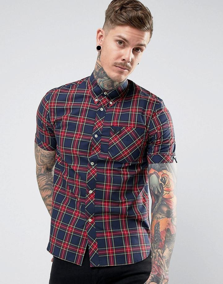 Fred Perry Reissues Short Sleeve Plaid Shirt In Navy - Navy