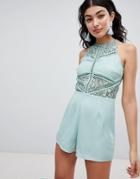 Prettylittlething Lace Detail Romper - Green