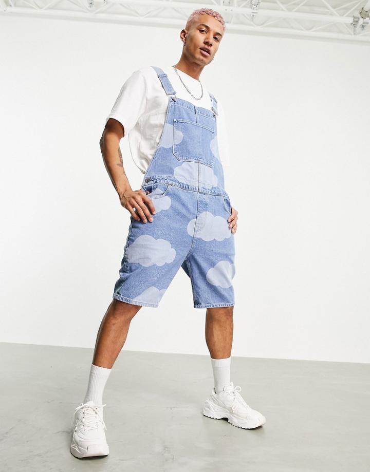 Asos Design Short Denim Overalls In Mid Wash Blue With Cloud Print-blues