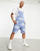 Asos Design Short Denim Overalls In Mid Wash Blue With Cloud Print-blues