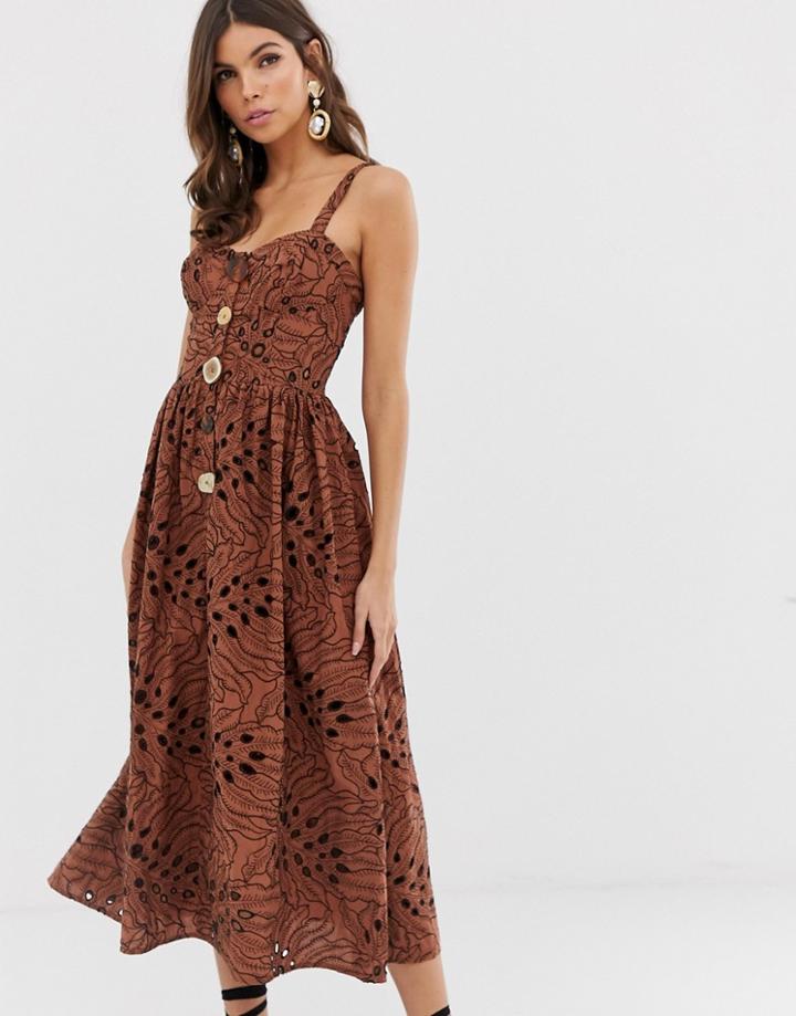 Asos Design Cami Midi Prom Dress In Palm Broderie With Contrast Stitching - Brown