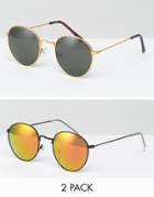 Asos 2 Pack Metal 90s Round Sunglasses With Flash Lens - Multi