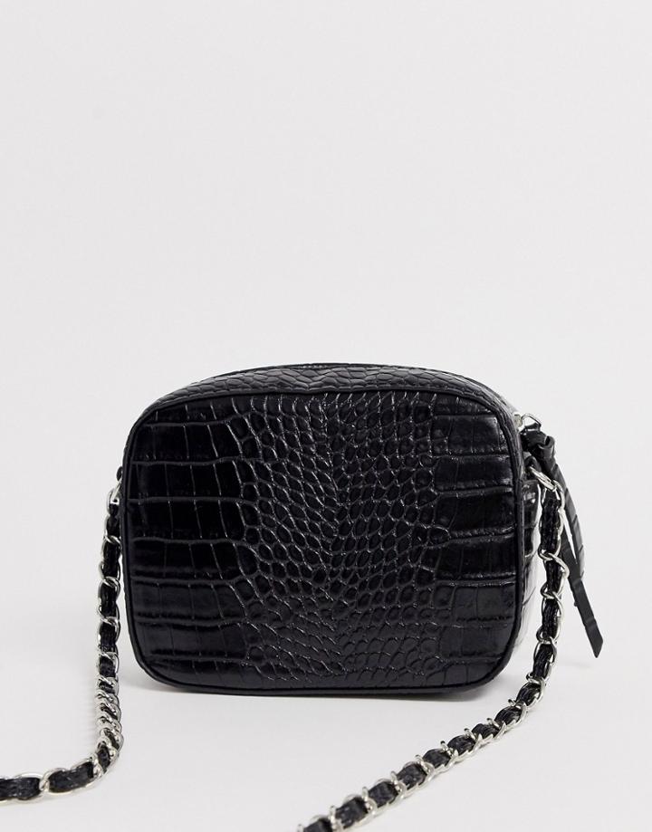Stradivarius Moc Croc Cross Body Bag In Black