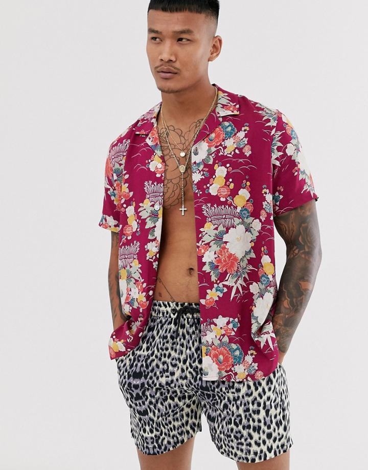 Asos Design Regular Fit Shirt In Floral Print In Red