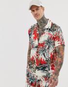 Bershka Short Sleeve Shirt With Palm Tree Print In Red - Multi