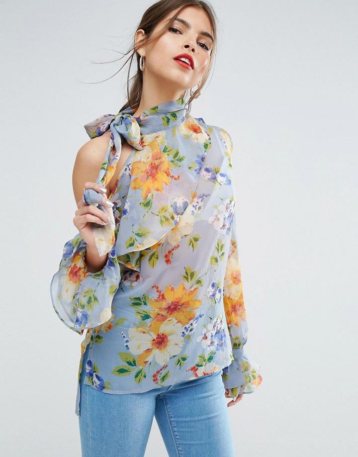Asos Floral Blouse With One Shoulder And Tie Neck - Multi