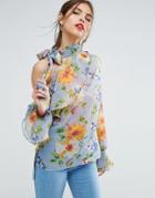 Asos Floral Blouse With One Shoulder And Tie Neck - Multi