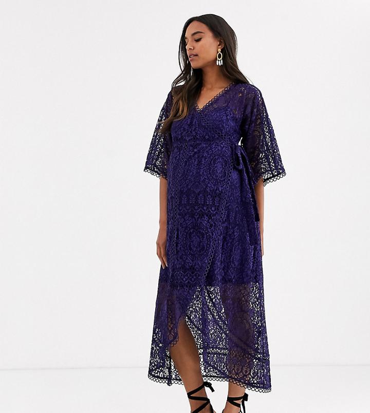 Asos Design Maternity Lace Wrap Midi Dress-navy